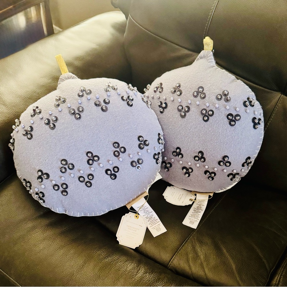 NWT Pottery Barn Set of 2 Gray Ornament Shaped Throw Pillows Beaded Sequin Rare